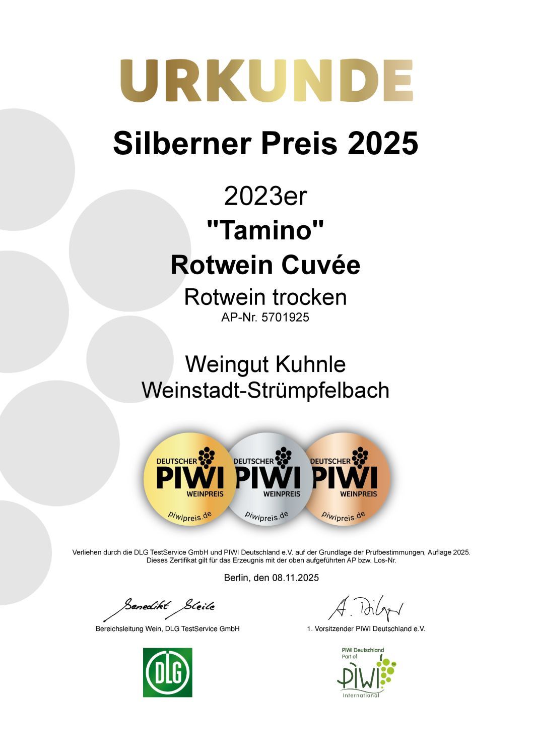<?=Silberner Preis 2025 beim Deutschen PIWI Weinpreis ?>