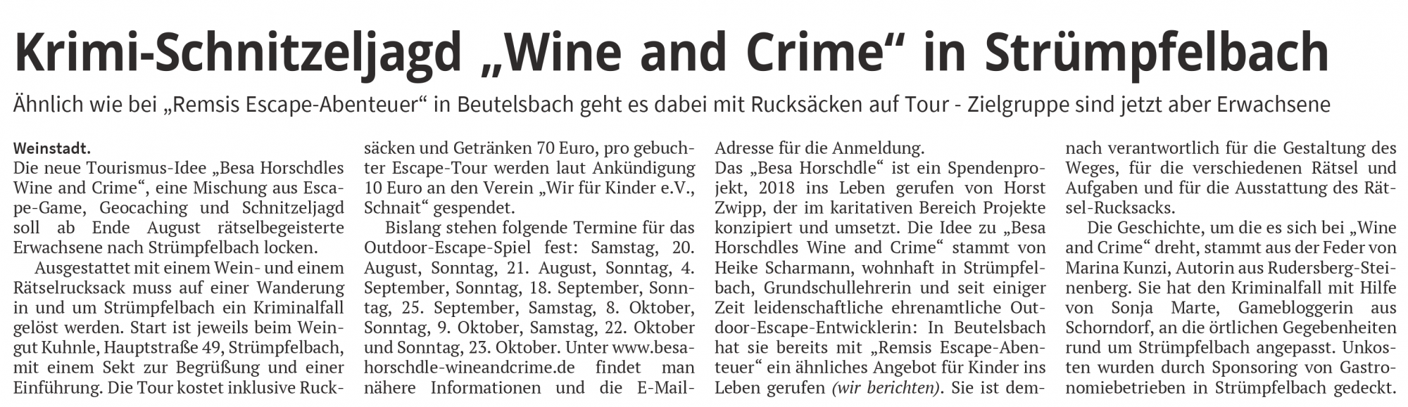 <?=Krimi Schnitzeljagd "Wine & Crime" in Strümpfelbach?>