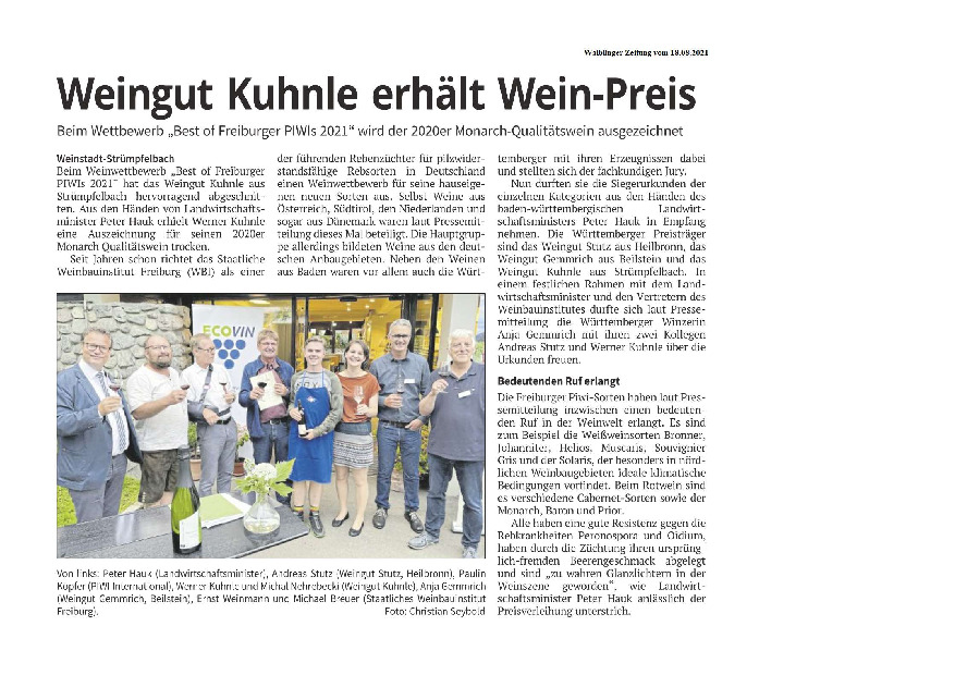 Weingut Kuhnle erhält Wein-Preis